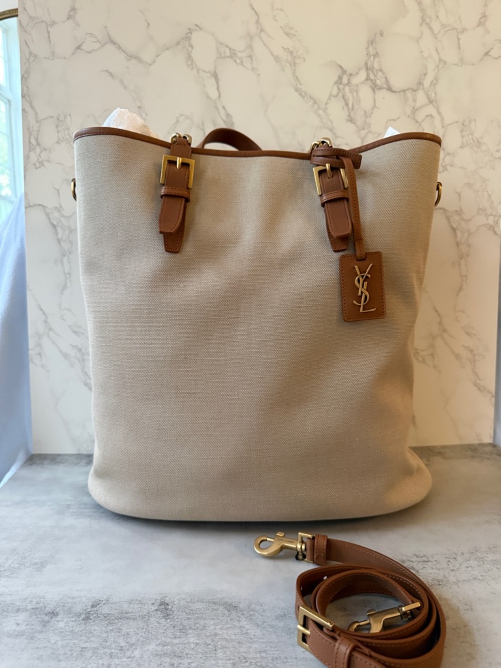 Saint Laurent Beige Canvas Tote with Brown Leather Trim and Gold Hardware